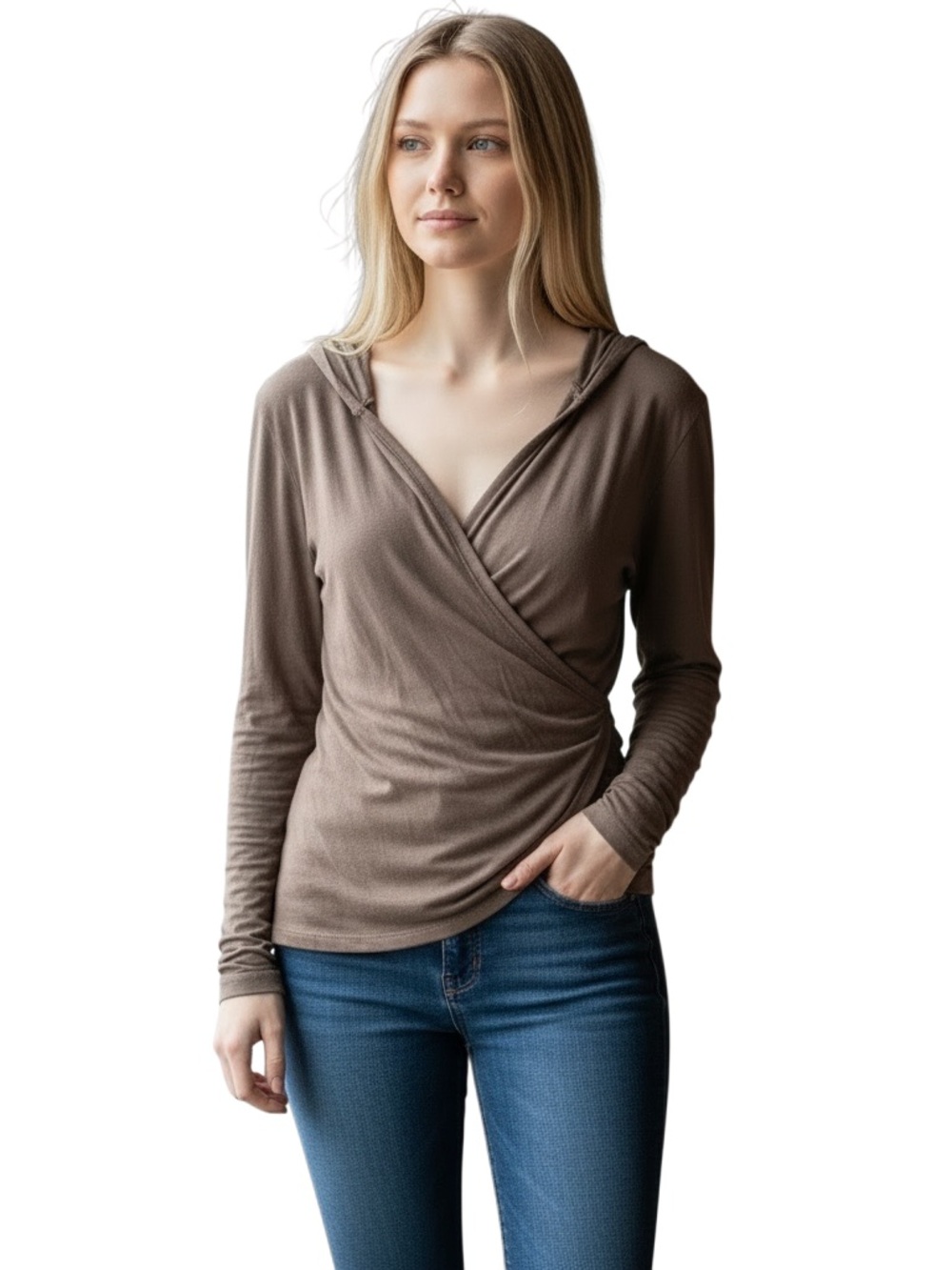 Women's Taupe Wrap-Front Long Sleeve HoodyTop